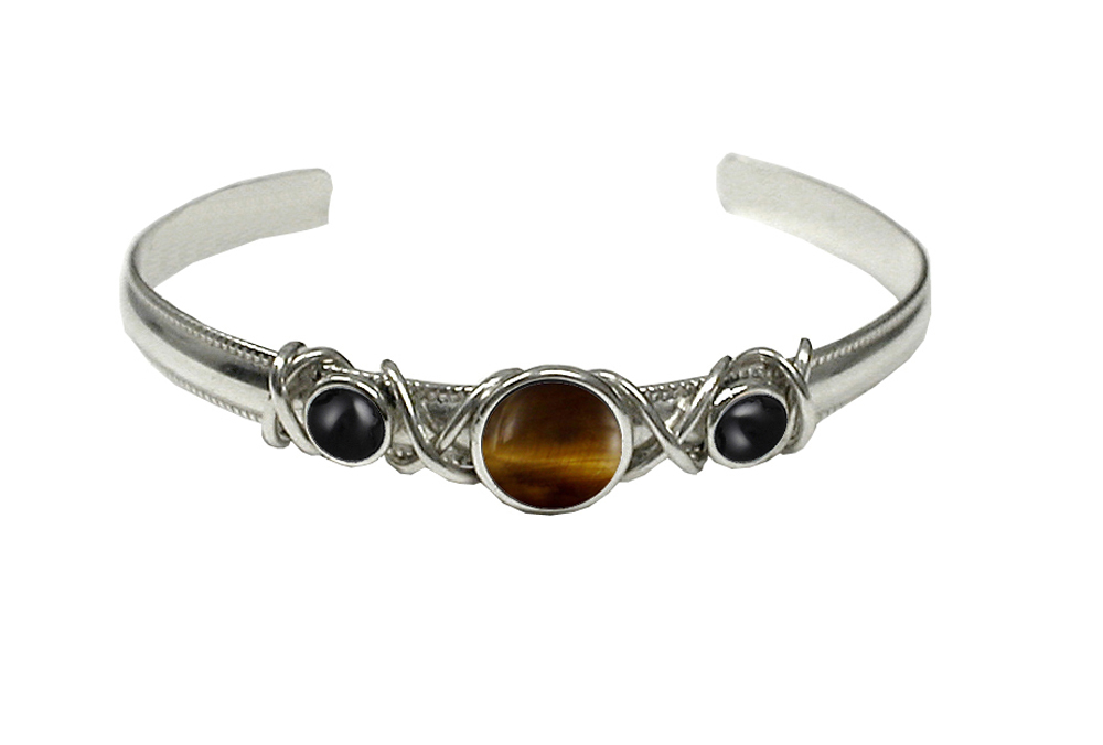 Sterling Silver Hand Made Cuff Bracelet With Tiger Eye And Black Onyx